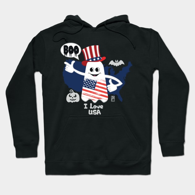 BOO GHOST with American flag "I love USA" - cute Halloween Hoodie by ArtProjectShop